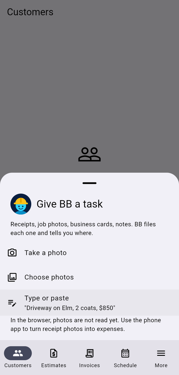 The Give BB a task sheet: take a photo, choose photos, or type or paste