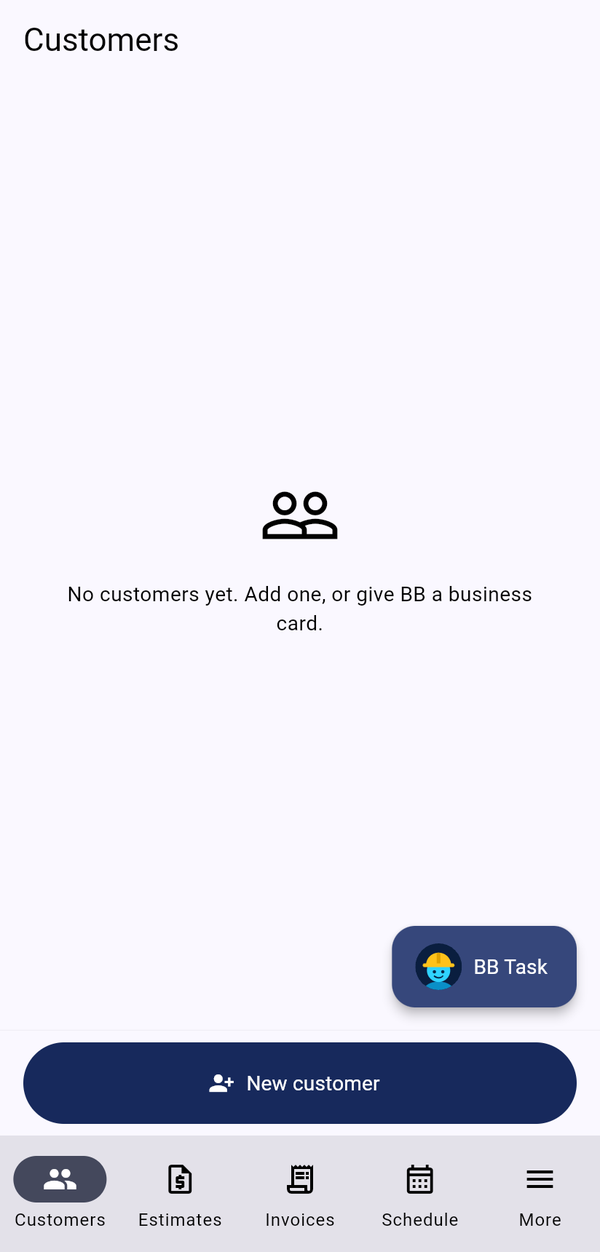 Customers tab with the BB Task button and a full-width New customer button