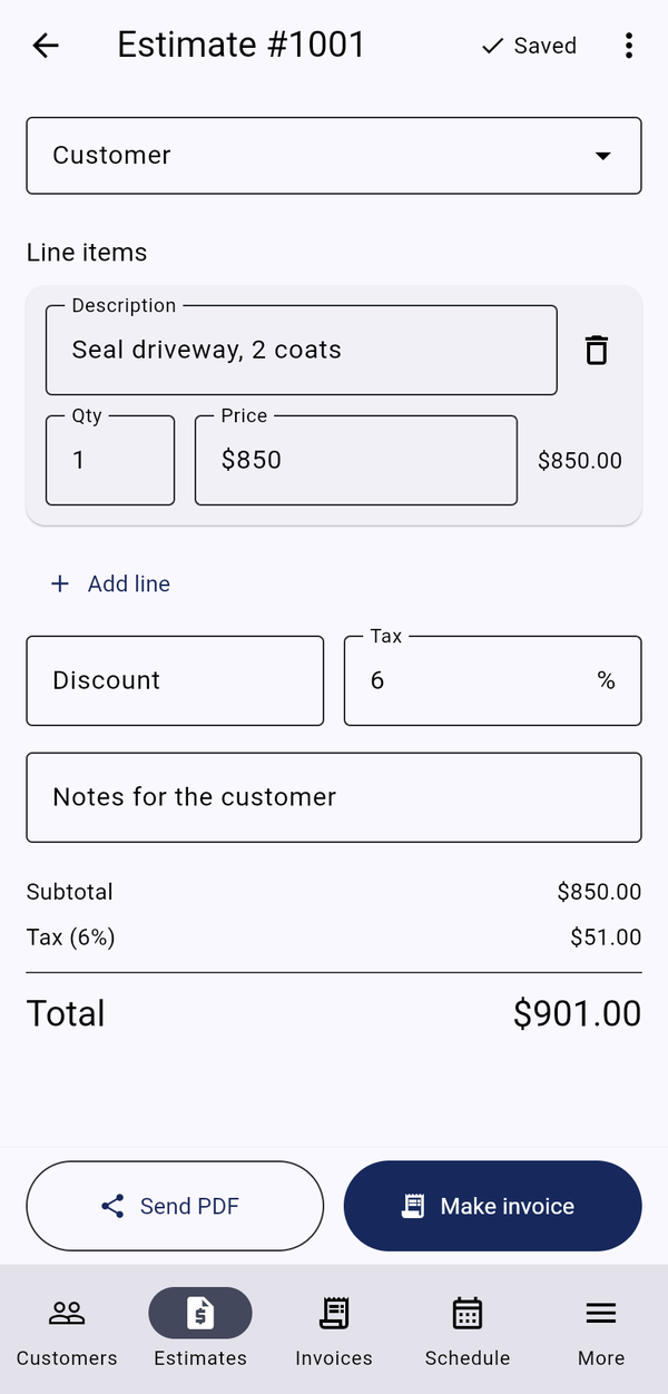 Estimate editor with line items and a full-width Save button