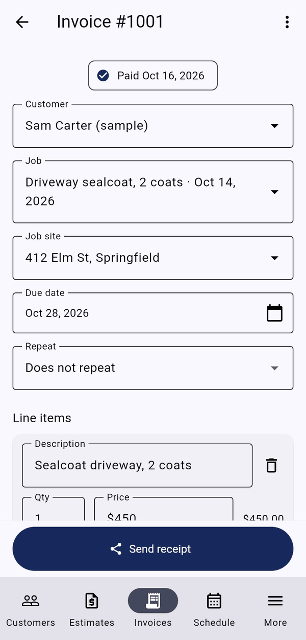 Invoice editor with due date and a full-width action bar
